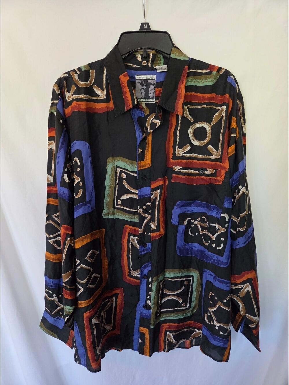 Vintage Hey Man 100% Silk Shirt Large 90s Abstract Geometric Colorful